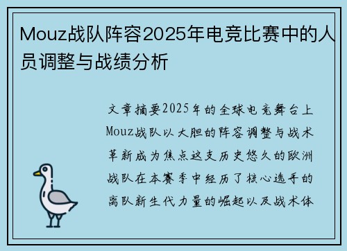Mouz战队阵容2025年电竞比赛中的人员调整与战绩分析